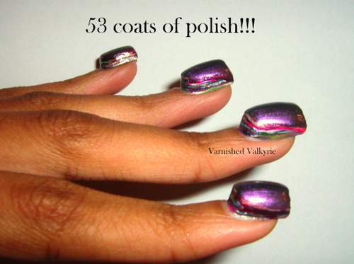 53 coats of polish on nails.
