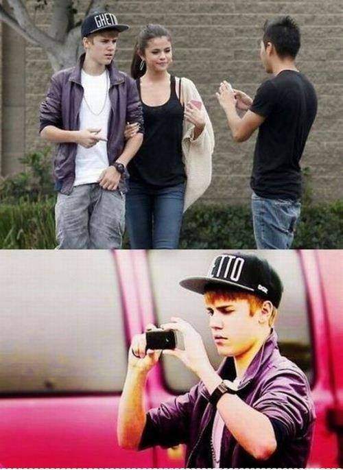 A photo of a guy asking Justin Bieber for a photo of him with Selena.
