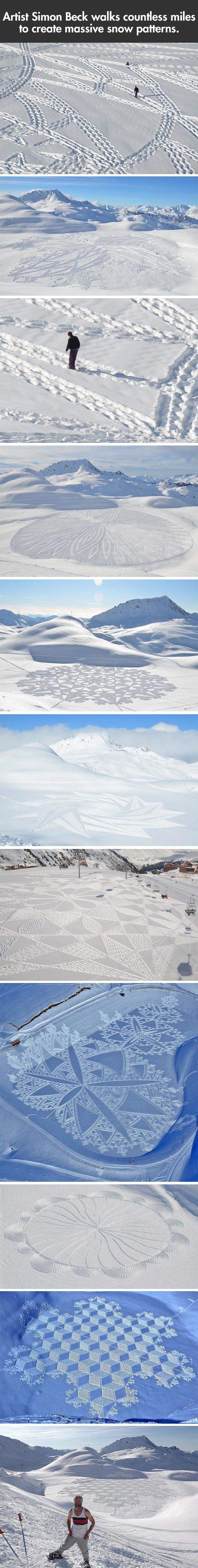 Artist simon Beck walks countless miles to create massive snow patterns.