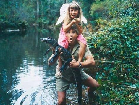 Steve Irwin his daughter, and a crocodile.