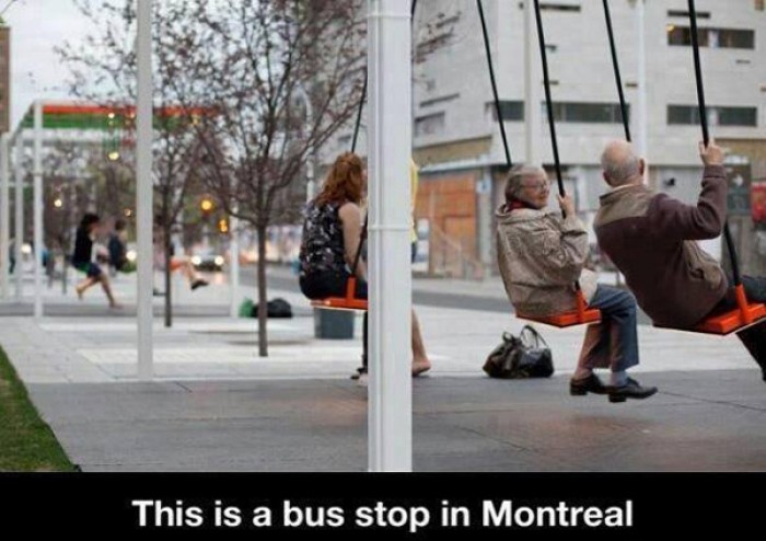 This is bus stopping in Montreal. Musical light swings on the streets of Montreal